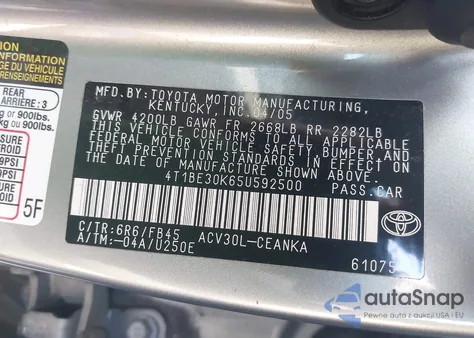 2005 Toyota Camry Le из США, поврежденный, VIN 4T1BE30K65U592500